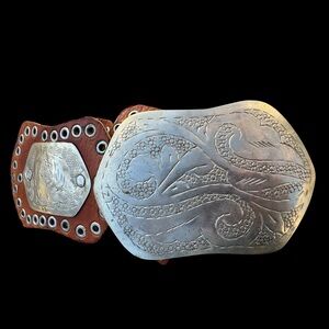 Vtg 70's Handmade Concho Moroccan Huge BoHo Leather Silver Belt  Sz L Unisex